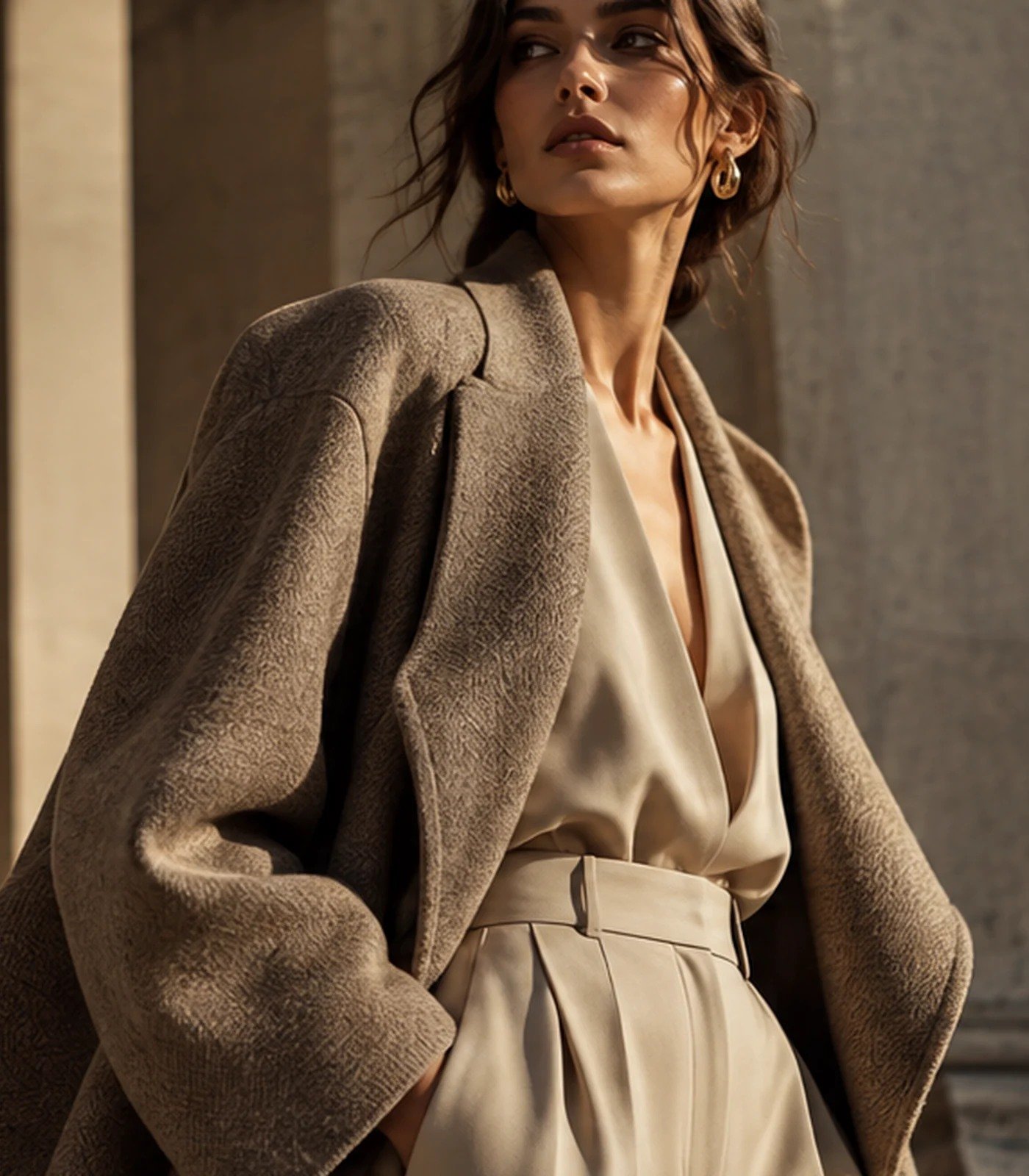 Model wearing a taupe tailored coat for Maison Élan